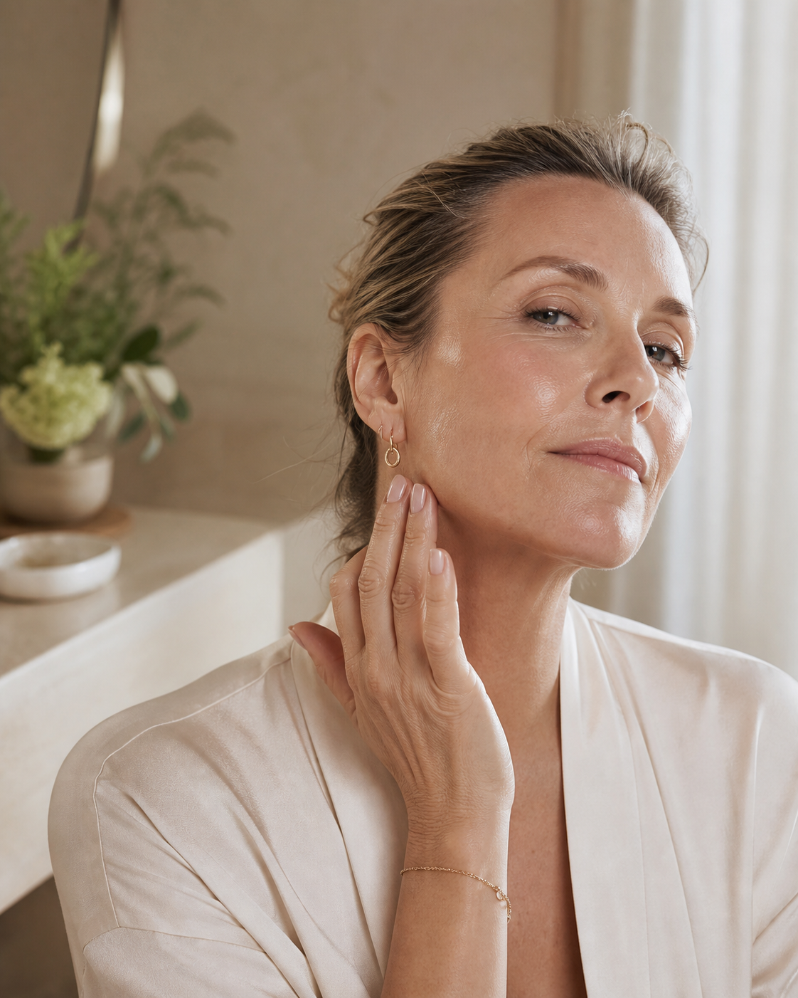 Mature woman applying skincare along her lower cheek and neck in soft daylight