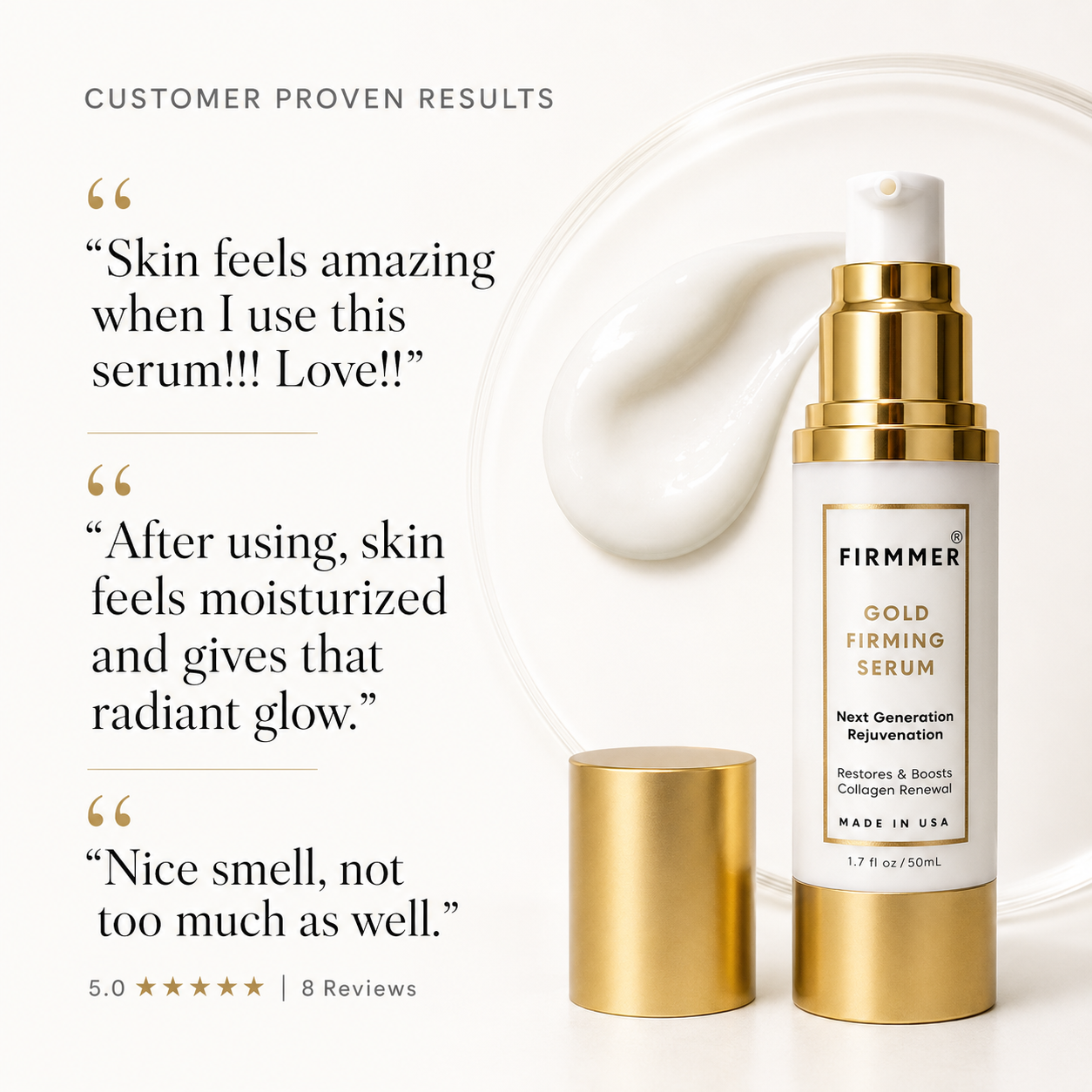 FIRMMER customer review artwork with three comments about skin feel, moisture, radiance and scent